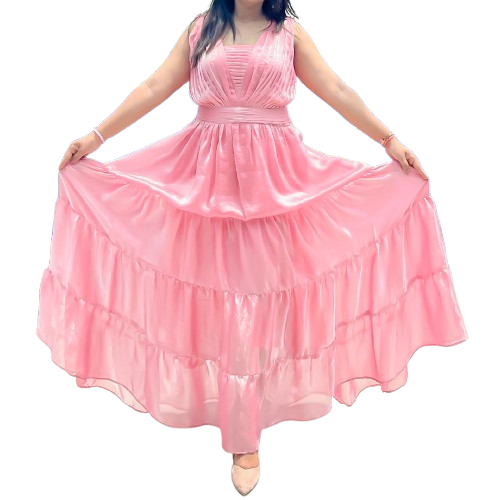 Elegant Shimmer Pink Maxi Gown for Women – Party Wear Long Dress | Sleeveless Layered Flowy Evening Outfit