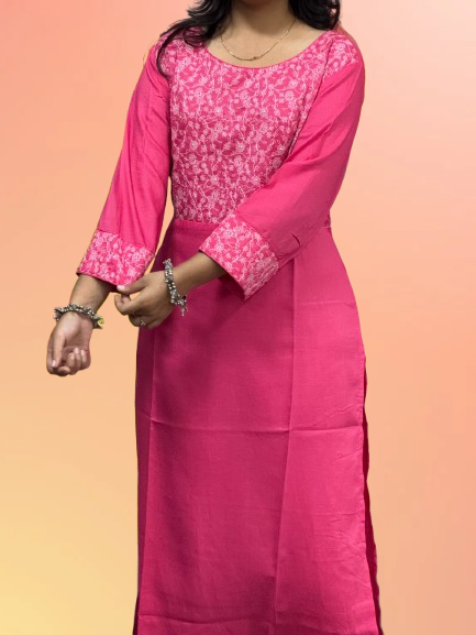 Stylish Pink Cotton Kurti for Women – Elegant Embroidered Long Kurta | Office Wear & Casual Ethnic Dress