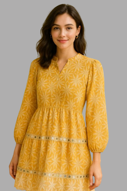 Golden Bloom Tiered Mini Dress featuring a mustard-yellow floral print, perfect for women's upper wear.
