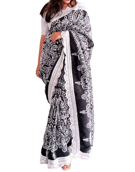 Elegant Black & White Handcrafted Printed Saree for Women | Traditional Ethnic Party Wear Silk Blend Saree with Blouse Piece