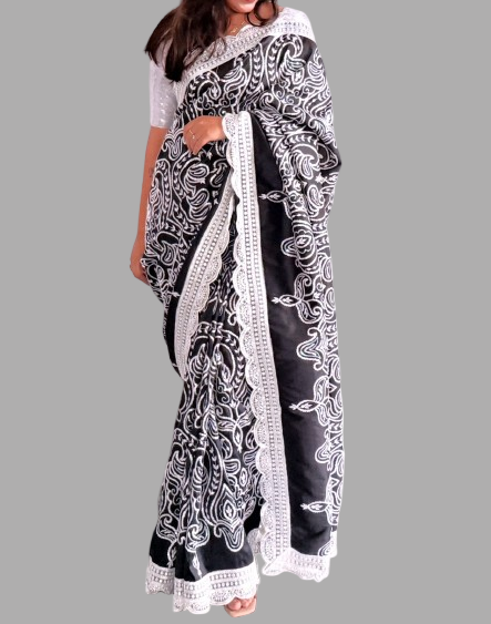 Elegant Black & White Handcrafted Printed Saree for Women