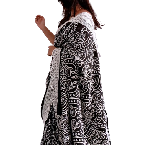 Elegant Black & White Handcrafted Printed Saree for Women | Traditional Ethnic Party Wear Silk Blend Saree with Blouse Piece