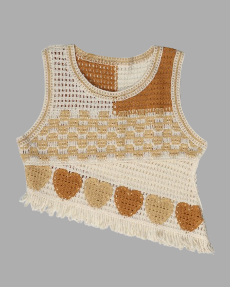 Boho Heart Crochet Knit Crop Top | Handmade Aesthetic Summer Wear with fringed hem and heart motifs.