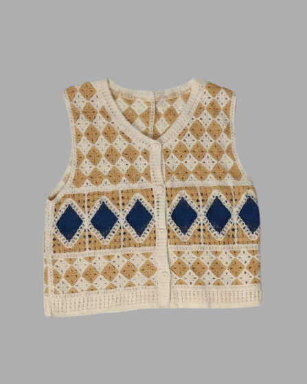 Handcrafted Diamond Crochet Vest featuring a unique diamond pattern in beige, white, and blue accents.
