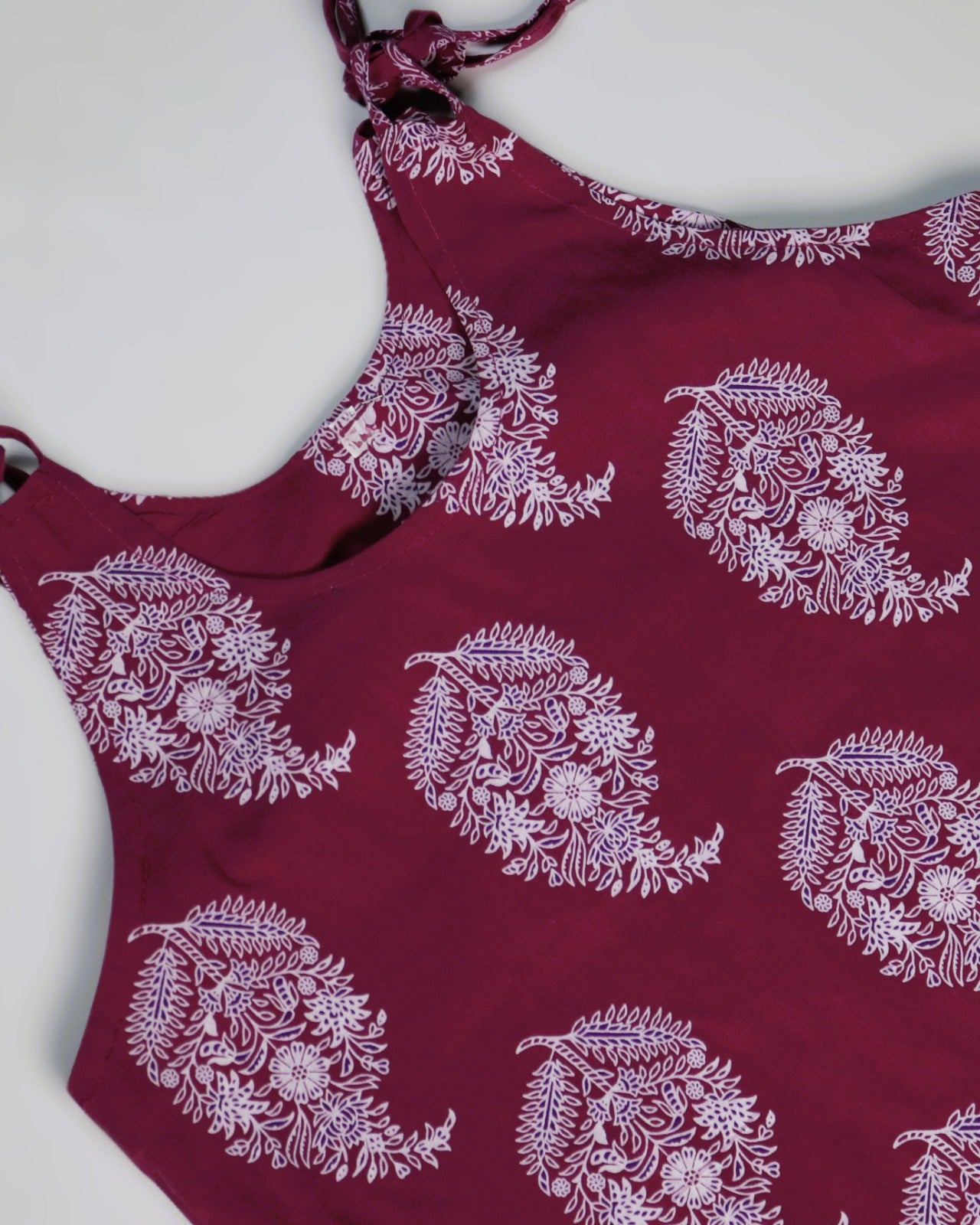 Maroon Paisley Print Cotton Slip Dress for Women with elegant paisley design and adjustable tie straps.