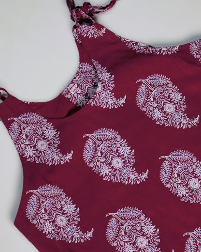 Maroon Paisley Print Cotton Slip Dress for Women with elegant paisley design and adjustable tie straps.