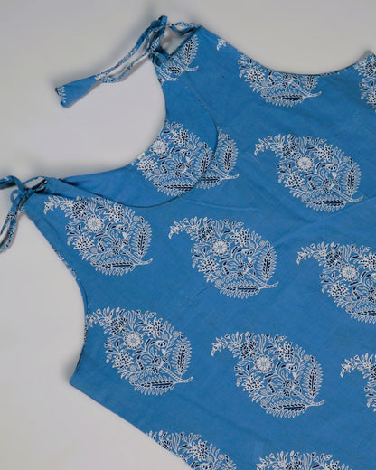 Blue Peacock Print Cotton Slip Dress for Women, showcasing elegant blue design and adjustable tie straps.