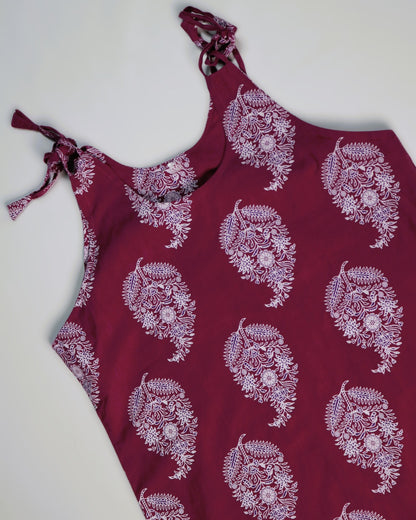 Maroon Paisley Print Cotton Slip Dress for Women with adjustable tie straps and elegant paisley print.