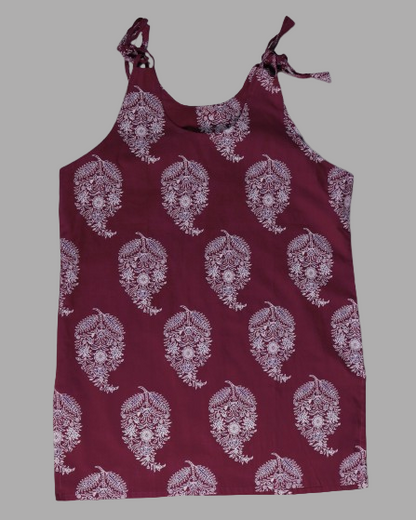 Maroon Paisley Print Cotton Slip Dress for Women featuring adjustable tie straps and elegant paisley design.