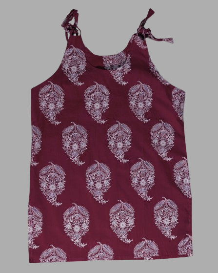 Maroon Paisley Print Cotton Slip Dress for Women featuring adjustable tie straps and elegant paisley design.
