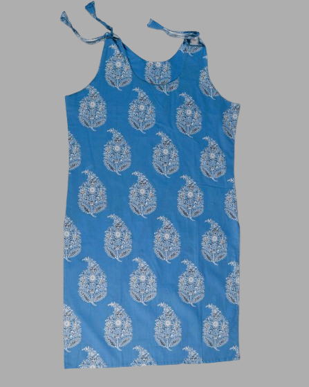 Blue Peacock Print Cotton Slip Dress for Women featuring elegant design and adjustable tie straps.