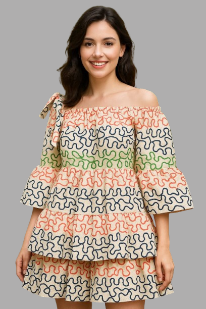 ZigWave Off-Shoulder Co-ord Set featuring colorful wave embroidery and layered sleeves for a trendy summer look.