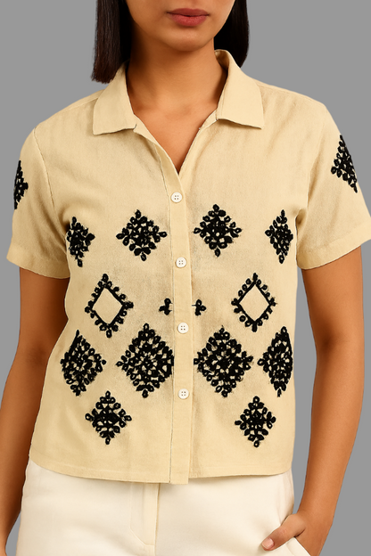 Heritage Diamond Embroidered Cotton Shirt – Beige & Black