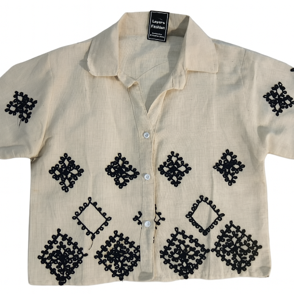 Heritage Diamond Embroidered Cotton Shirt – Beige & Black