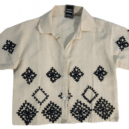 Heritage Diamond Embroidered Cotton Shirt – Beige & Black