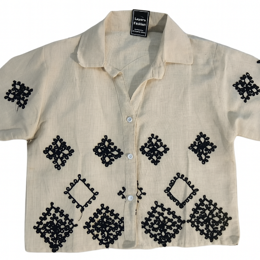 Heritage Diamond Embroidered Cotton Shirt – Beige & Black