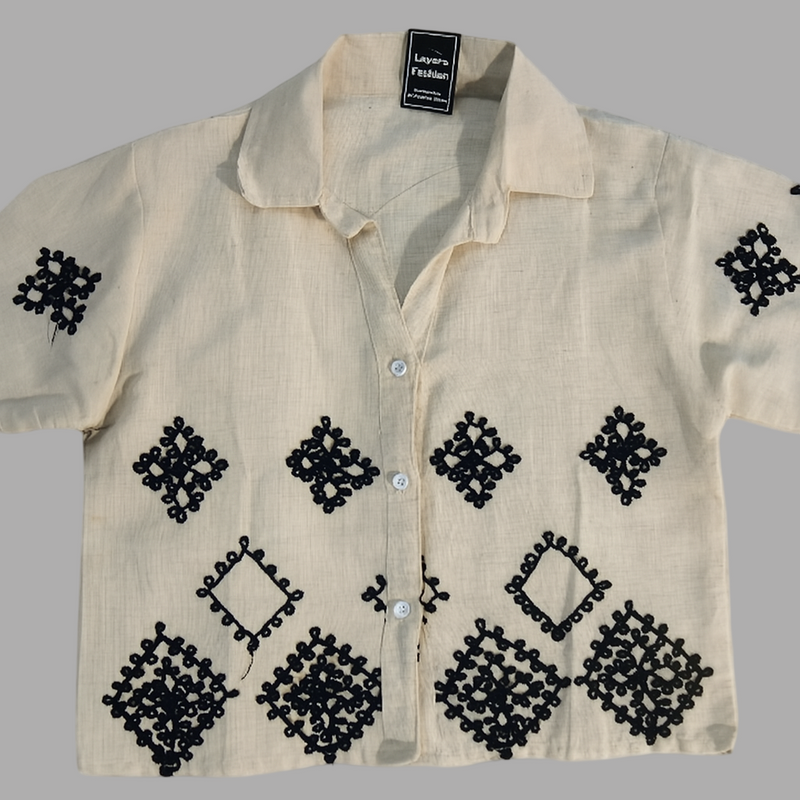 Heritage Diamond Embroidered Cotton Shirt – Beige & Black